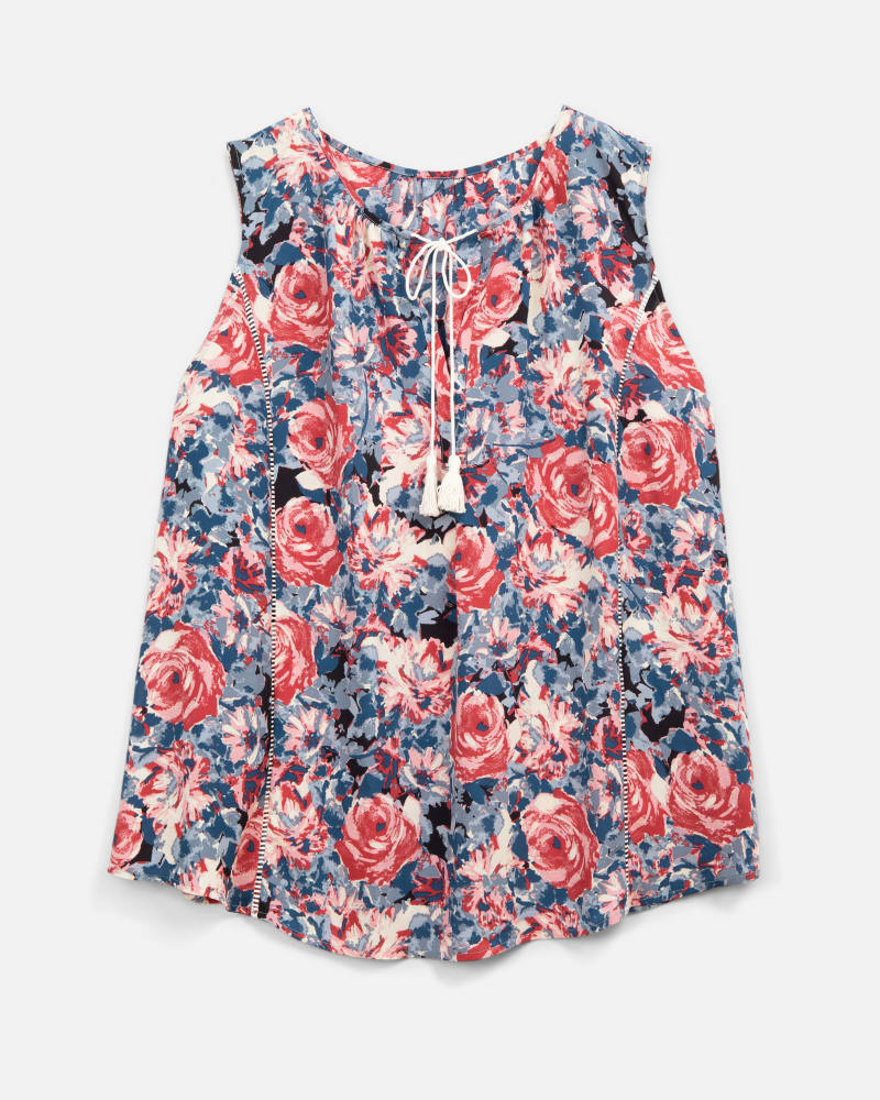 Front of a size 1X Gwenda Boho Floral Sleeveless Top in Azure Blue / Pink by Molly & Isadora. | dia_product_style_image_id:209411